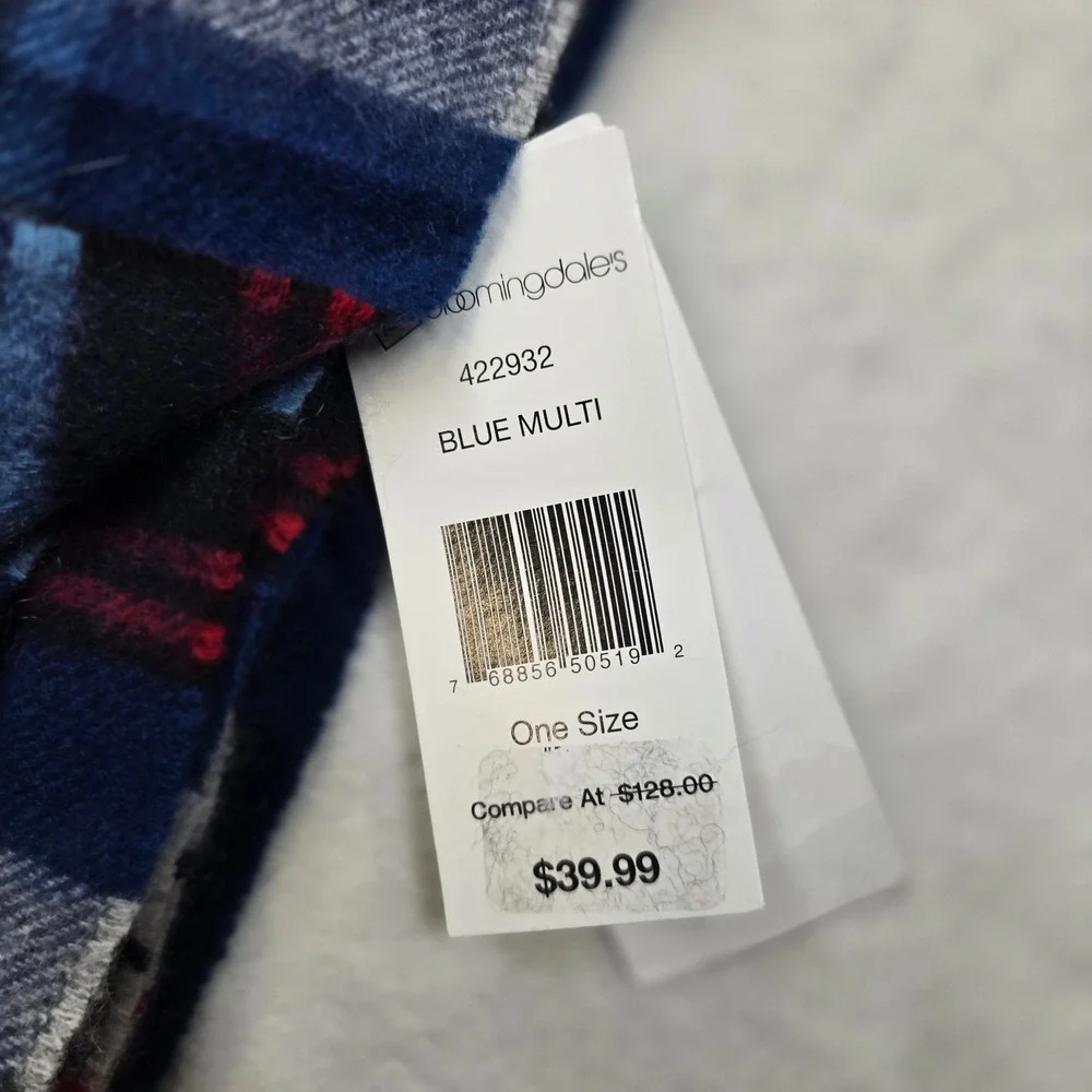 Bl@@mingdales The Mens Store Cashmere Scarf Mens OS Blue Fringe Tartan Plaid NEW